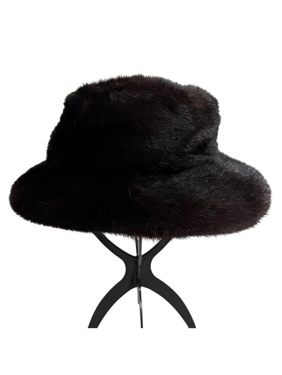 Luxury Vintage Black Genuine Mink Fur Bucket Cloche Hat Satin Lining